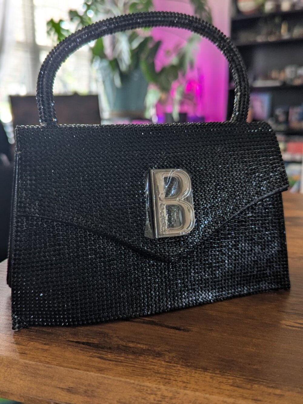 Black Bebe Rhinestone Hourglass Top Handle Bag